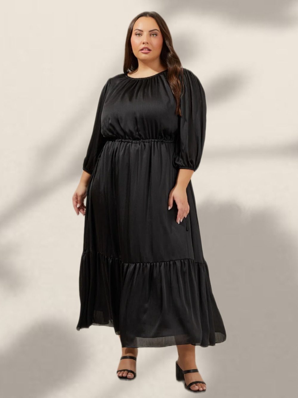 Sugarlips Carmine Black Maxi Dress - Quarter Sleeve Layered Skirt Adjustable Tie